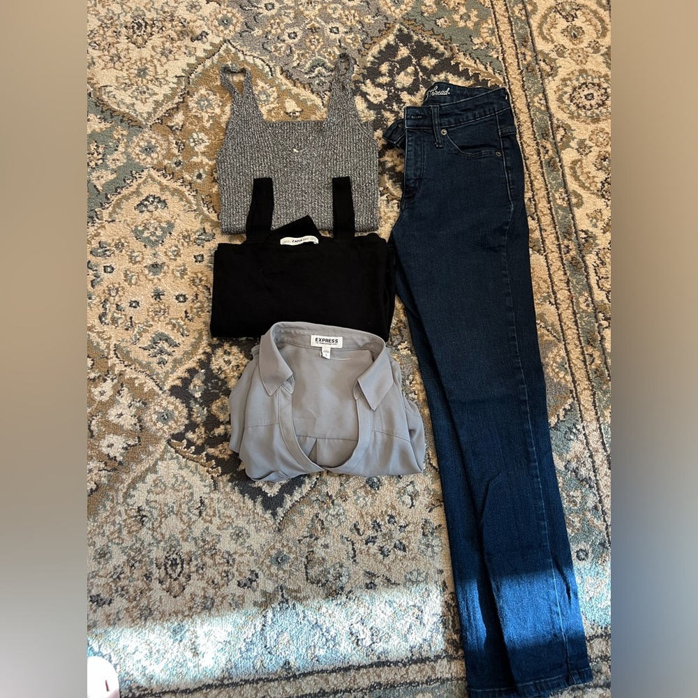 Bundle of dark Jean UT, Zara sweater, express blouse, & h&m tank.